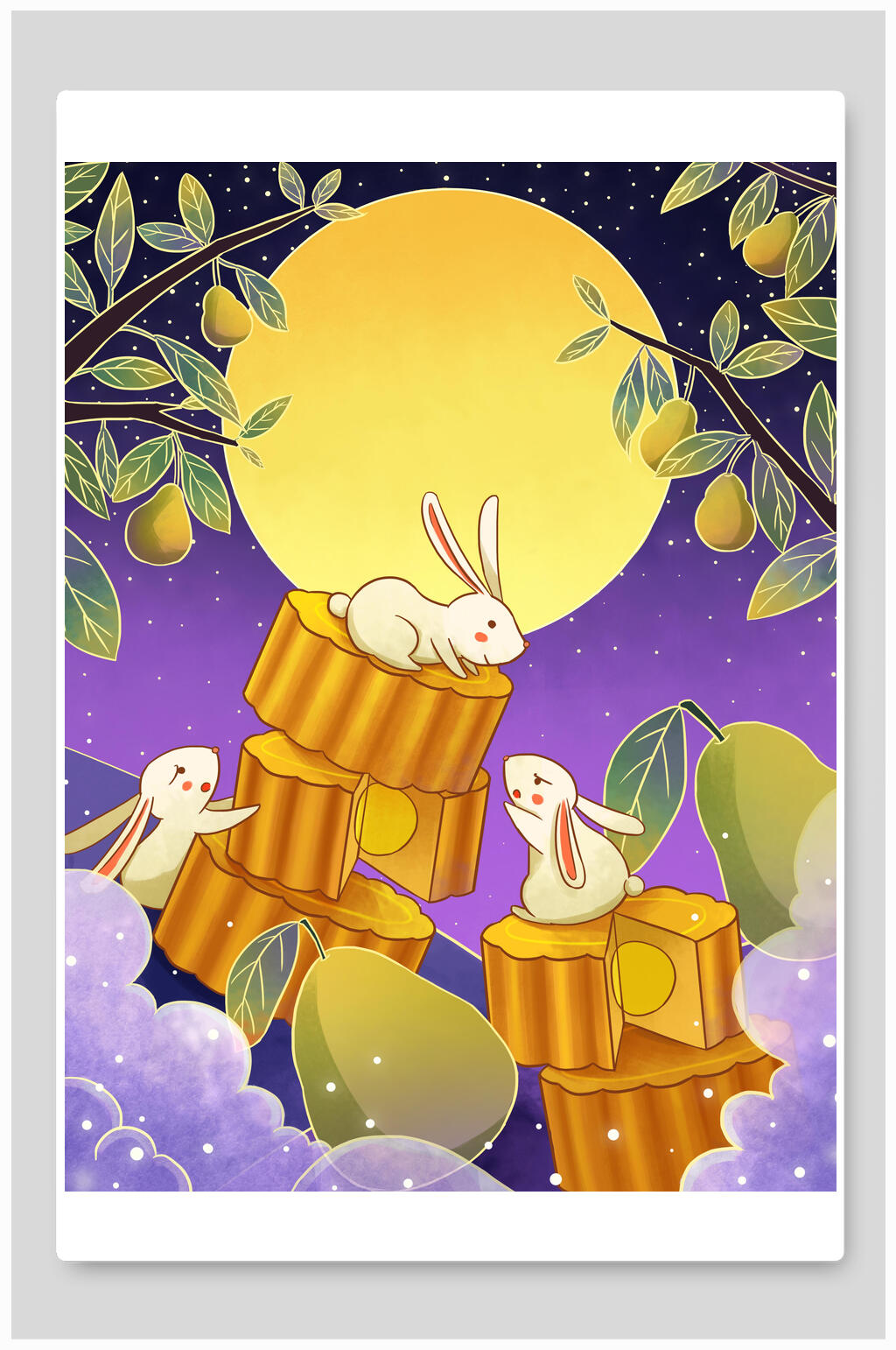 月饼兔子手绘清新中秋节团圆插画