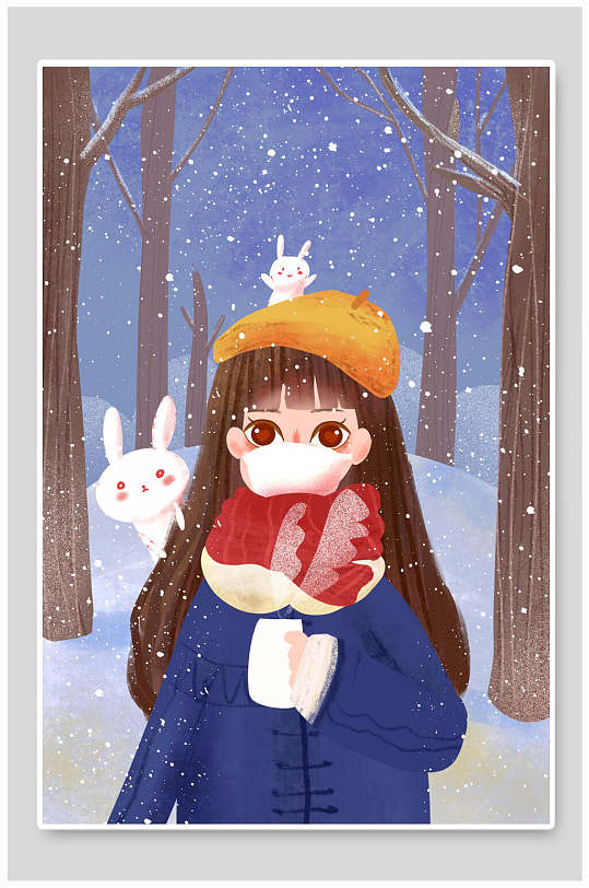 喜庆活泼女孩落雪兔子大雪插画