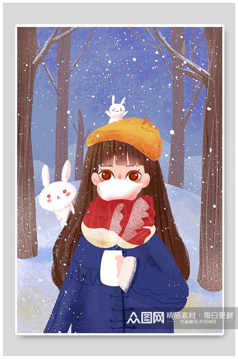 喜庆活泼女孩落雪兔子大雪插画素材