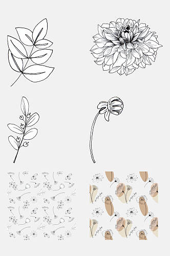 简笔画树叶花朵花卉线条插画免抠素材