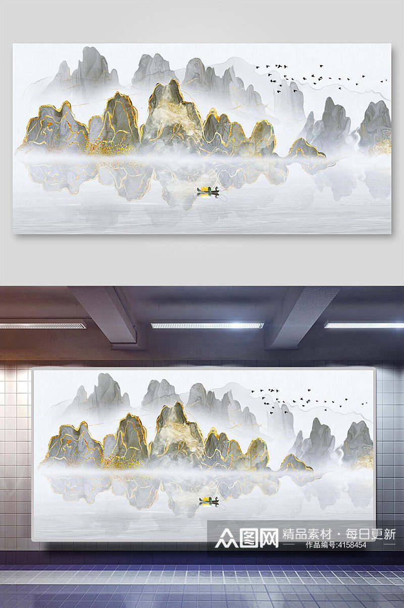 湖面云雾灰中国山水水墨画背景素材