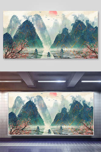 典雅高端中国山水水墨画插画