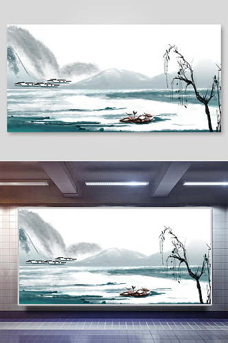 湖面树枝蓝中国山水水墨画背景