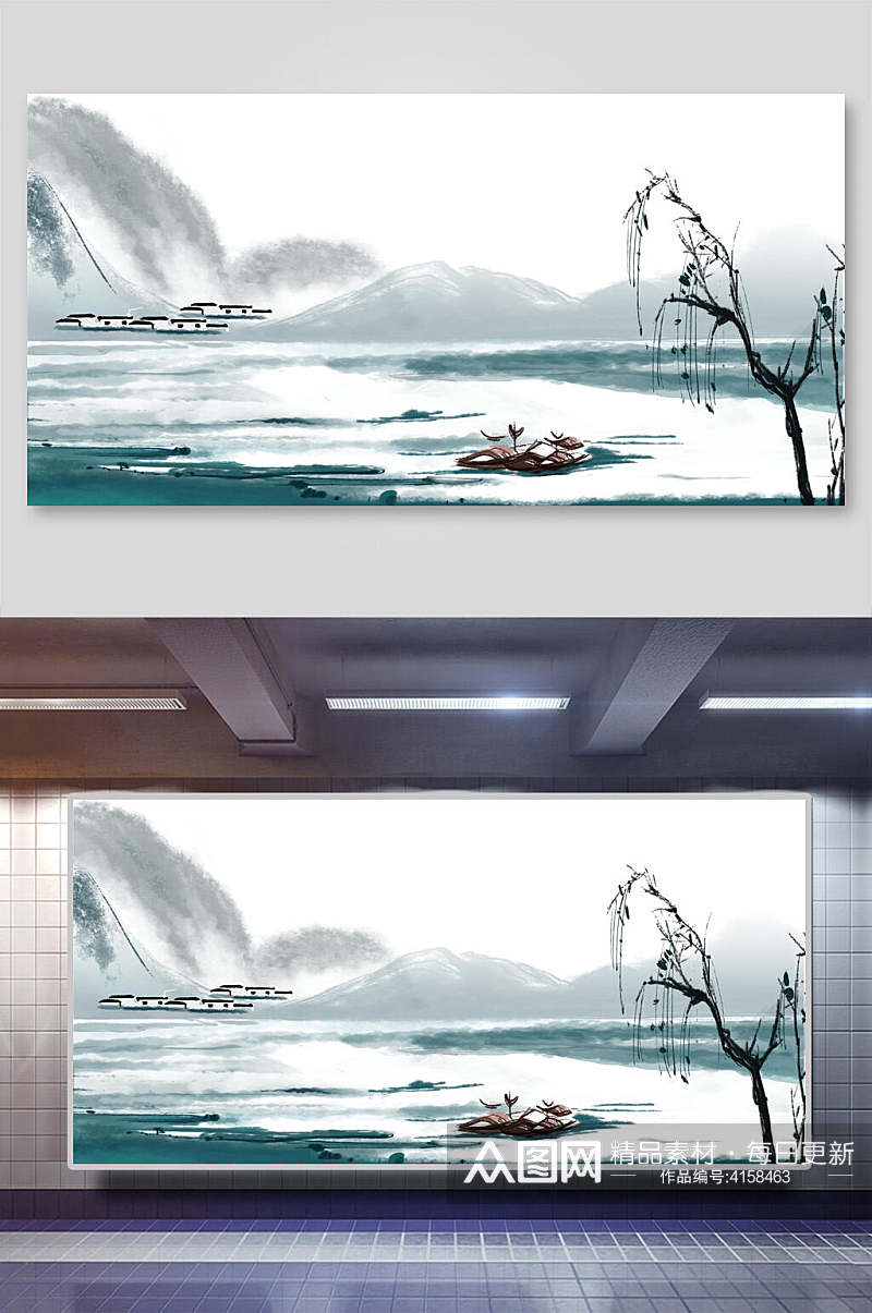 湖面树枝蓝中国山水水墨画背景素材