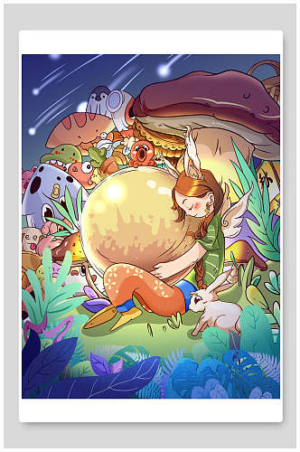 少女蘑菇兔子手绘中秋节团圆插画