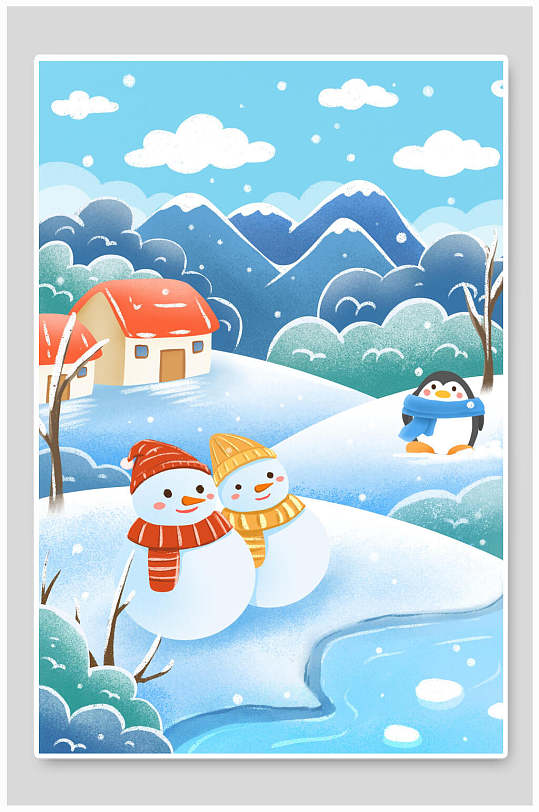 围巾雪人企鹅手绘卡通大雪插画