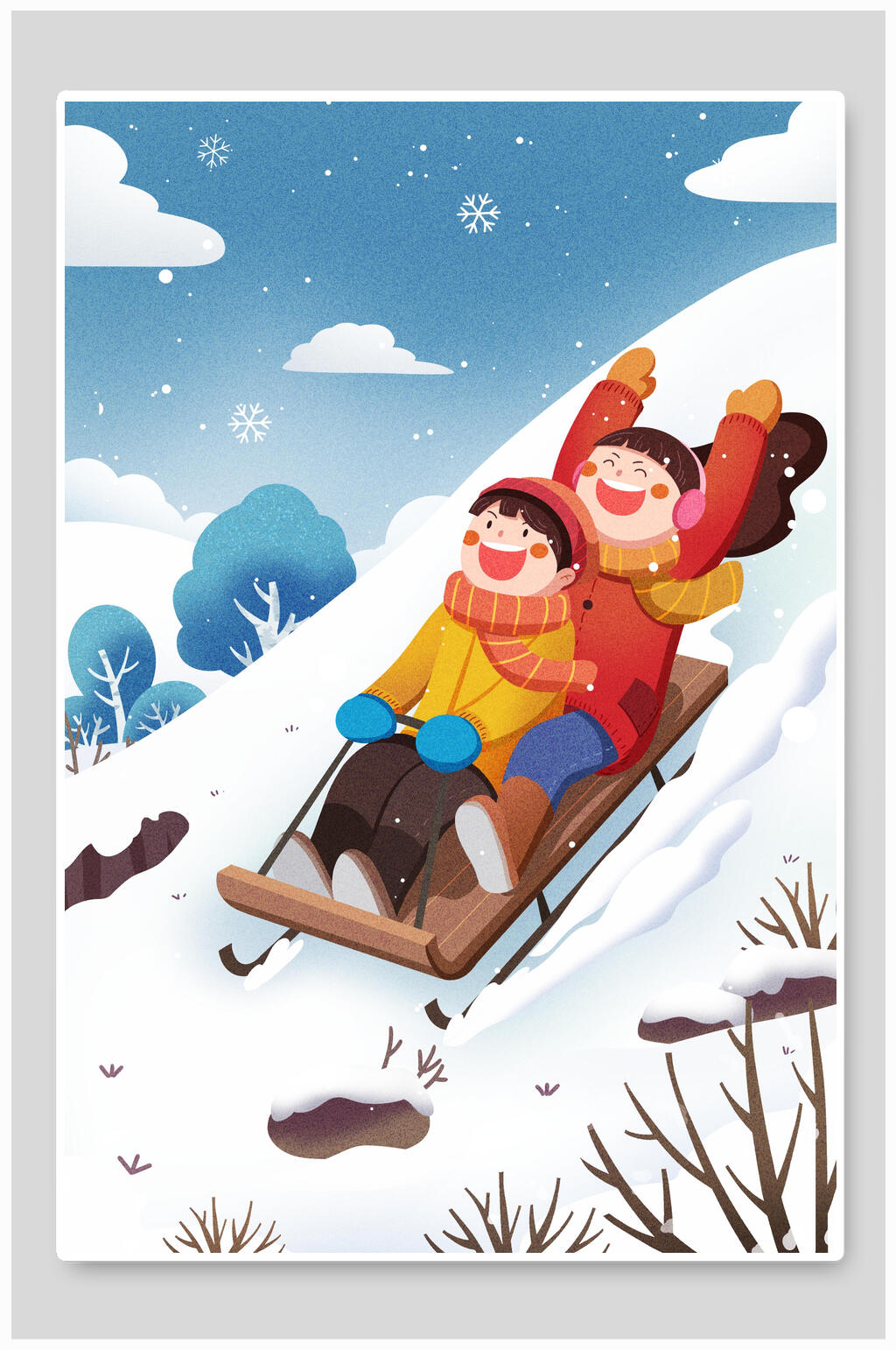 创意大气雪花滑雪大雪插画素材