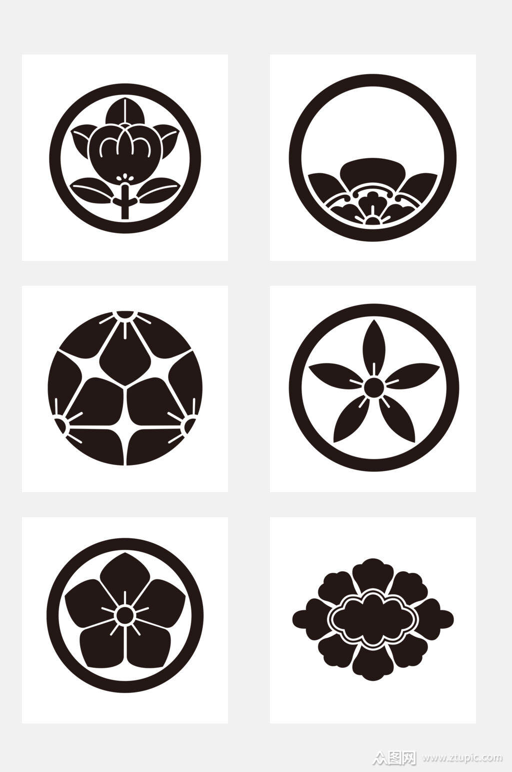 圆形边框五瓣鲜花黑白和风图标免抠素材素材