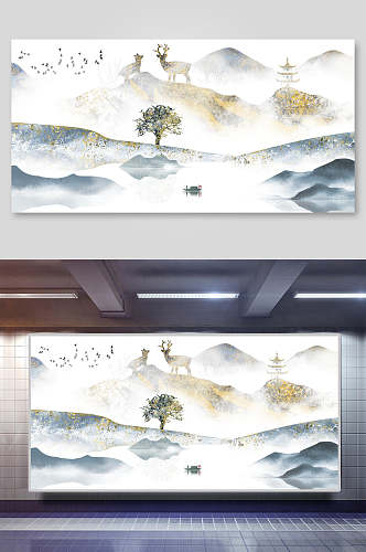 树木船帆蓝中国山水水墨画背景