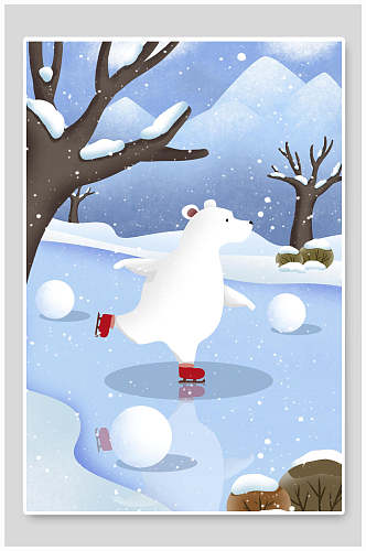 溜冰雪球熊树木手绘卡通大雪插画