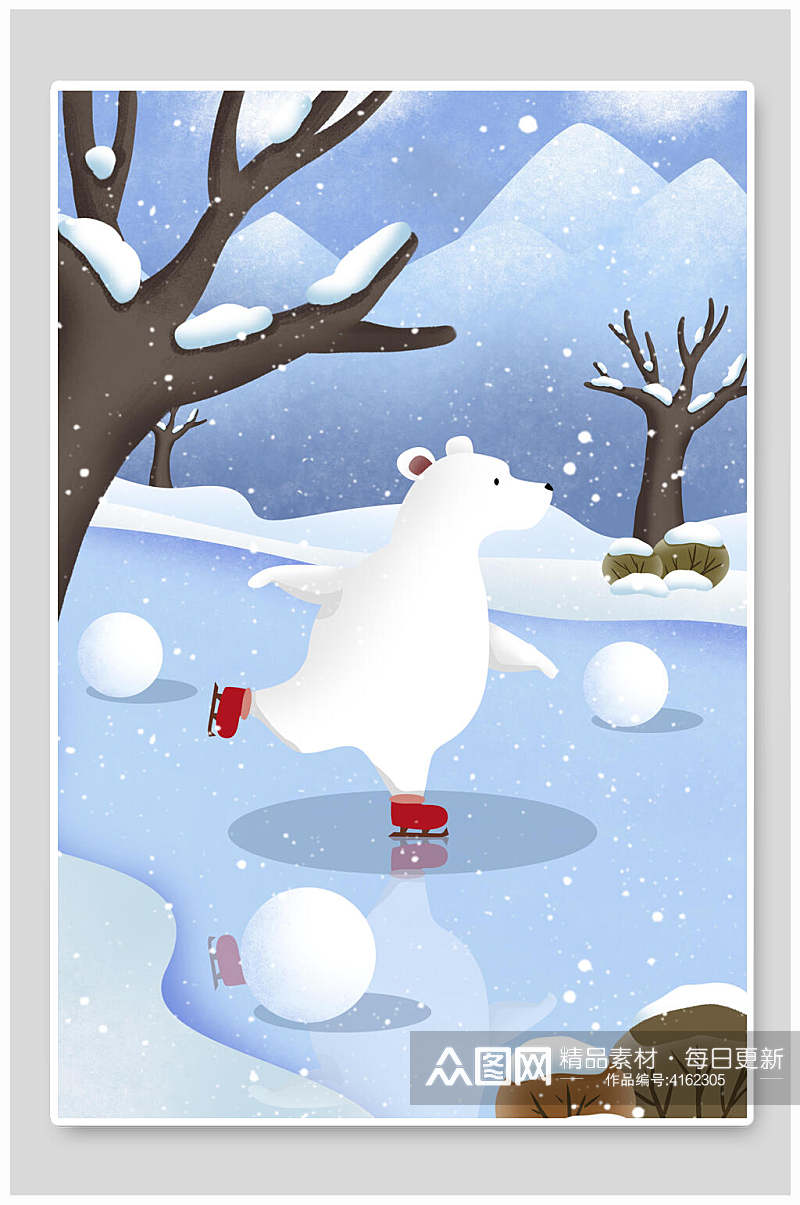 溜冰雪球熊树木手绘卡通大雪插画素材