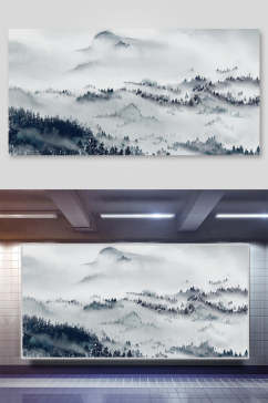 森林云雾蓝中国山水水墨画背景
