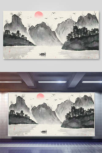 创意渔船中国山水水墨画插画
