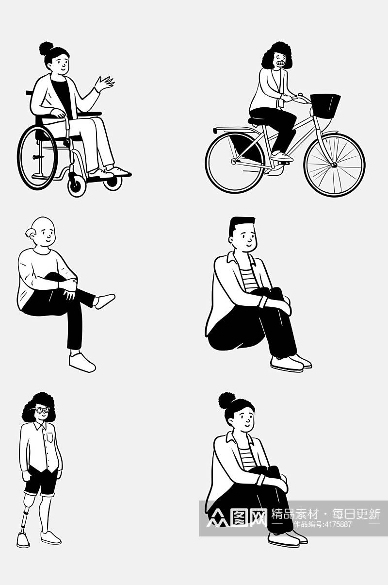 坐轮椅骑自行车抱膝坐着黑白人物插画免抠素材素材