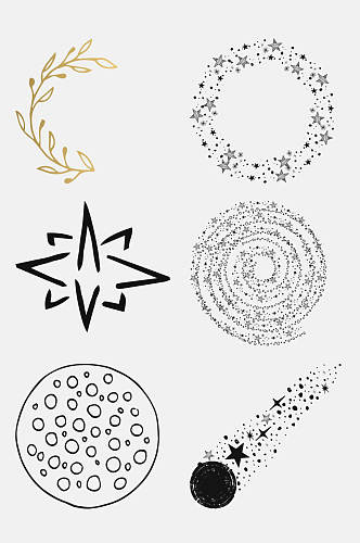 圆圈五角星星系植物图案免抠素材