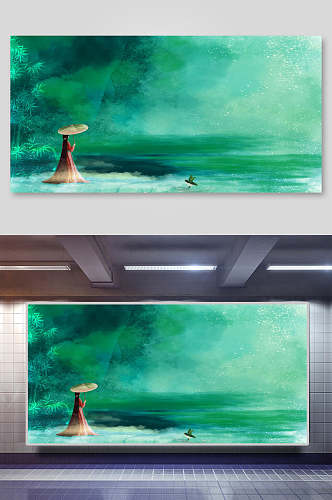 女孩湖面绿中国山水水墨画背景