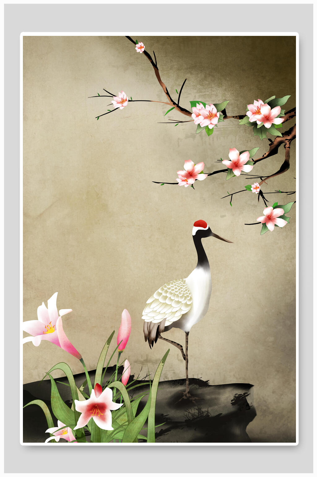 花朵仙鹤叶子手绘清新素雅国潮插画素材