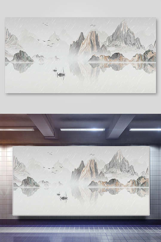 湖面船帆鸟中国山水水墨画背景-众图网