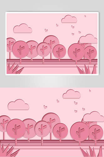 树木云朵粉色立体剪纸折纸插画