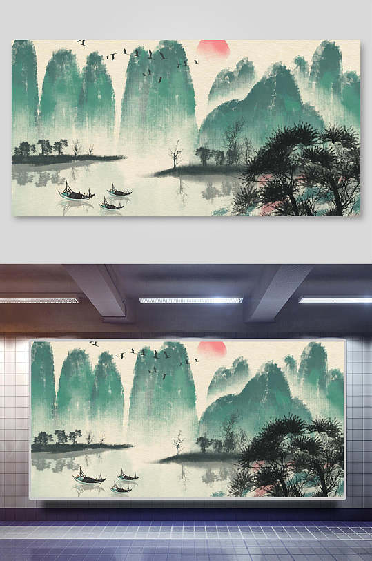船手绘卡通中国山水水墨画插画
