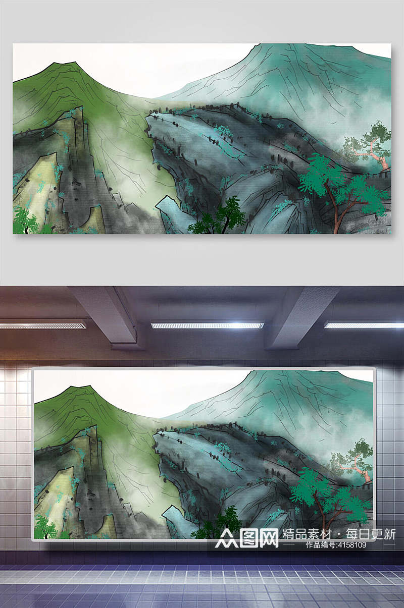 森林树枝绿中国山水水墨画背景素材