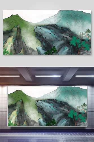 森林树枝绿中国山水水墨画背景