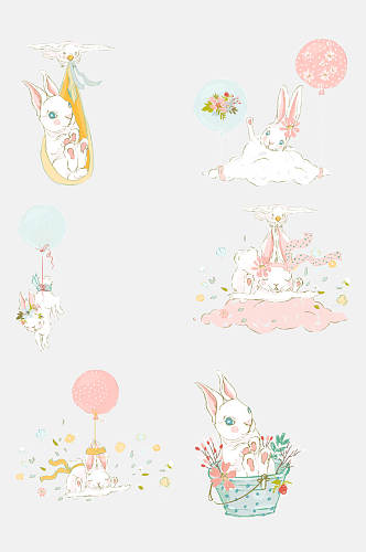 气球兔子水彩可爱花卉图案免抠素材