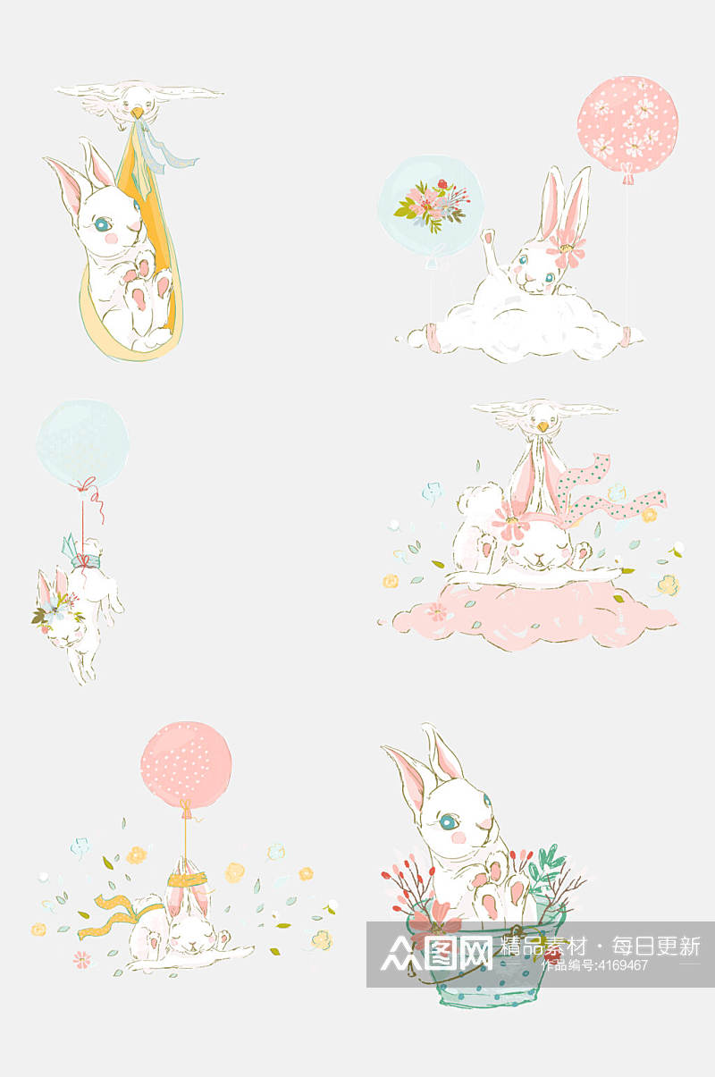 气球兔子水彩可爱花卉图案免抠素材素材