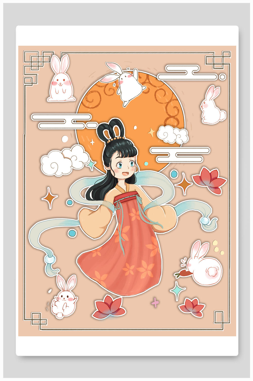 兔子花朵女孩黄中秋节团圆插画素材