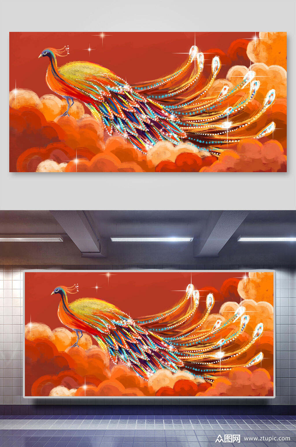 凤凰时尚红黄渐变手绘清新国潮插画素材