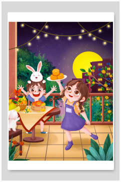 兔子少女美食手绘中秋节团圆插画
