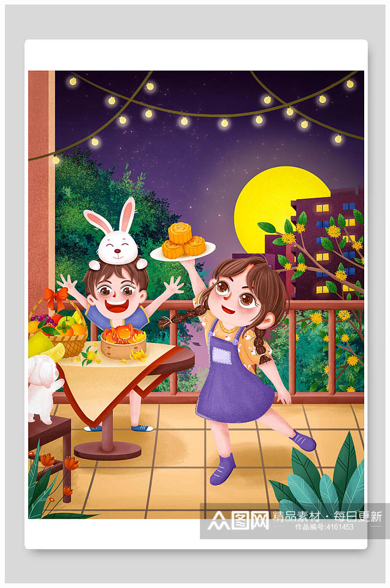 兔子少女美食手绘中秋节团圆插画素材