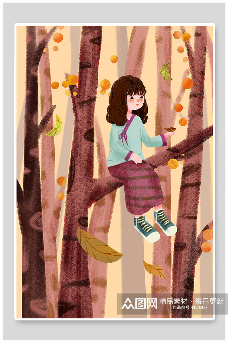 女孩落叶树干立秋插画海报背景素材