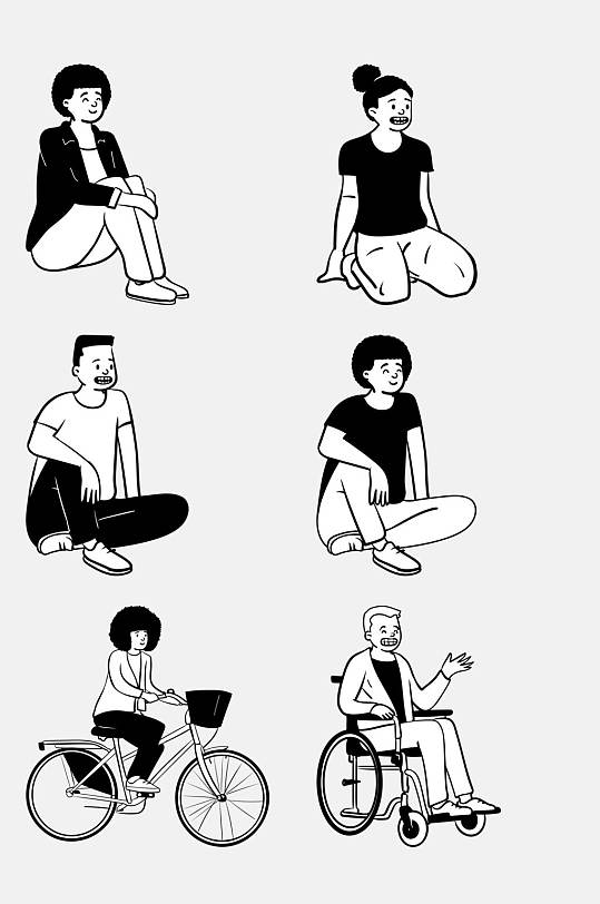 骑自行车坐轮椅抱膝盘腿黑白人物插画免抠素材