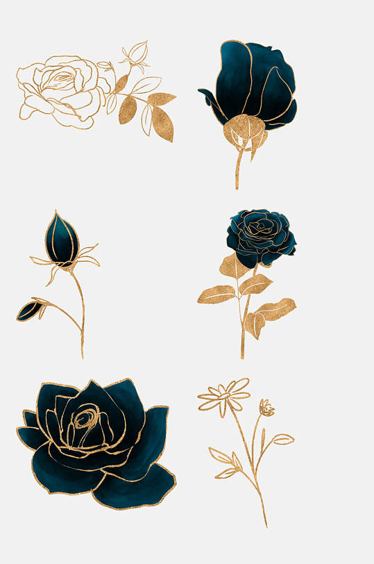 蓝色玫瑰花金箔字母花卉装饰免抠素材
