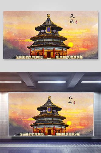 房子唯美手绘中国山水水墨画插画