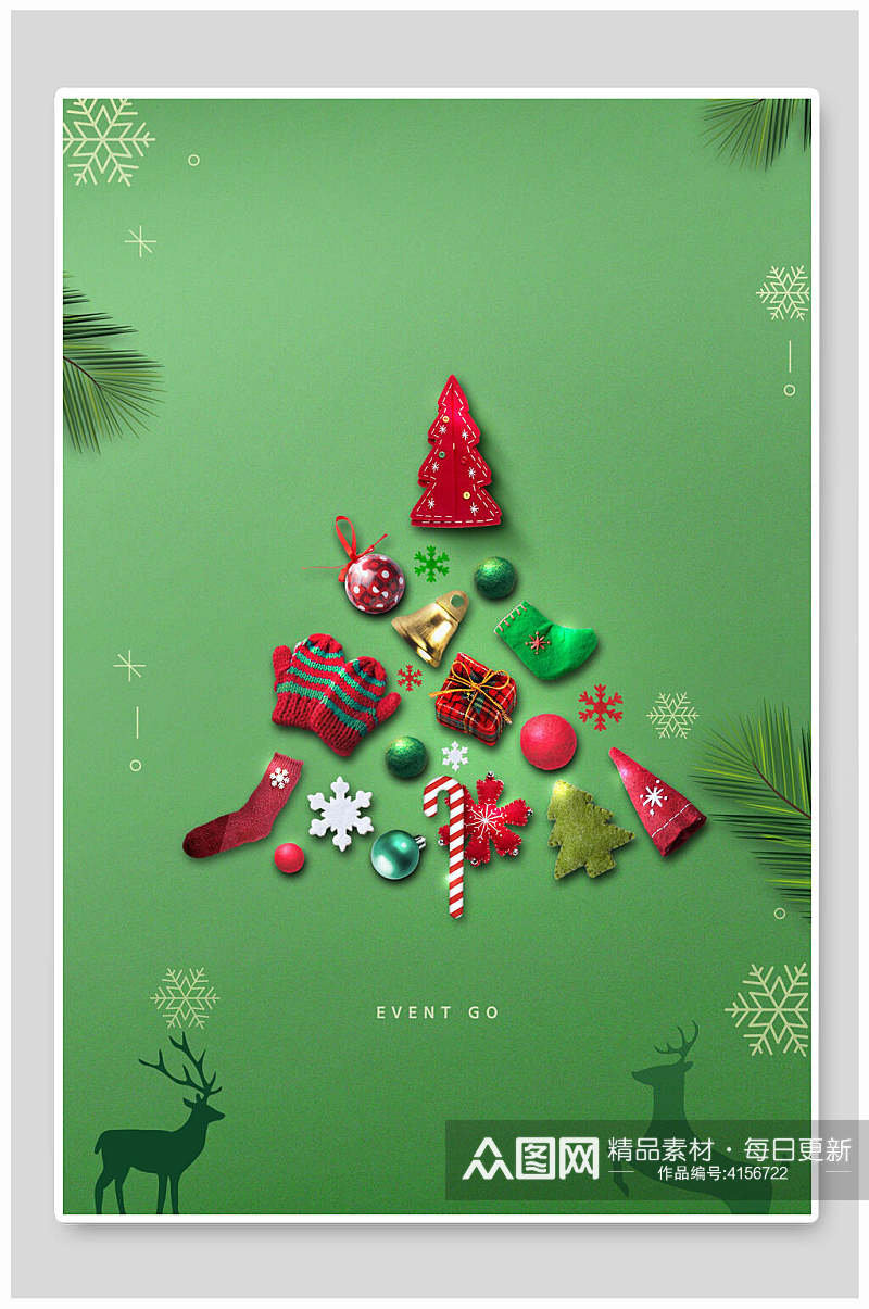 鹿头袜子球拐杖雪花圣诞节背景素材