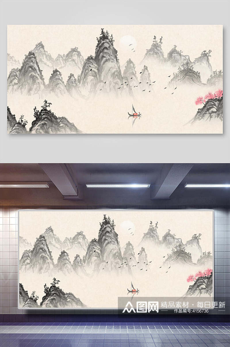 山间船帆花中国山水水墨画背景素材