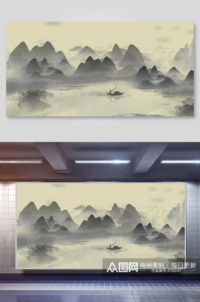 湖面船帆灰中国山水水墨画背景素材