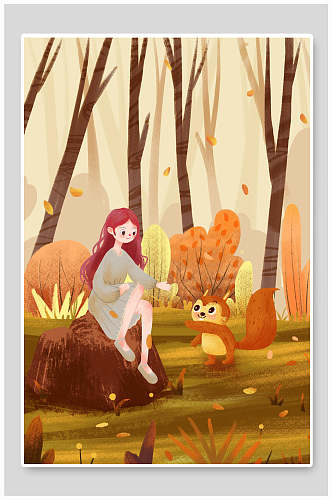 女孩松鼠树干立秋插画海报背景
