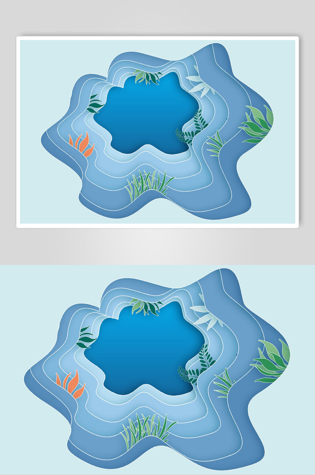 波纹植物蓝色立体剪纸折纸插画素材