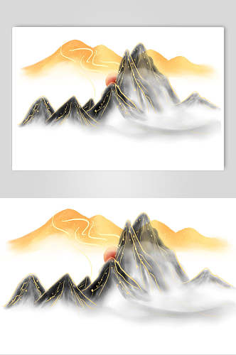 山峰高端手绘黑中国山水水墨画素材