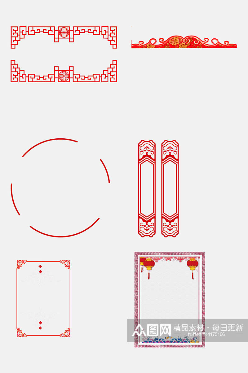 中式长方形对称红色边框免抠素材素材