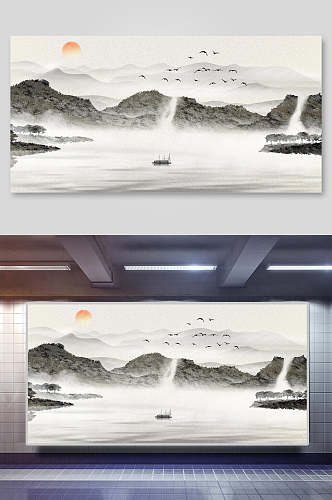 山间太阳鸟中国山水水墨画背景
