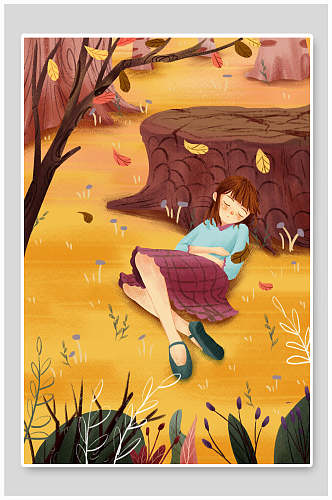女孩裙子植物立秋插画海报背景