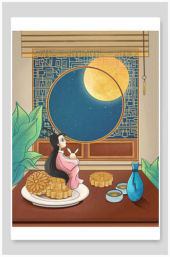 少女叶子月饼手绘中秋节团圆插画