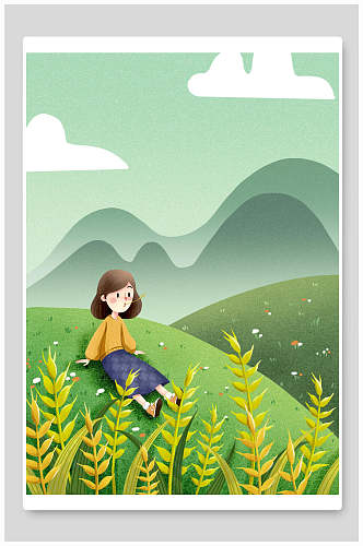 植物草坪女孩立秋插画海报背景