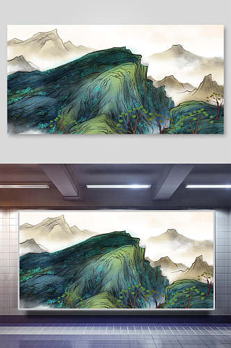 云雾树木绿中国山水水墨画背景