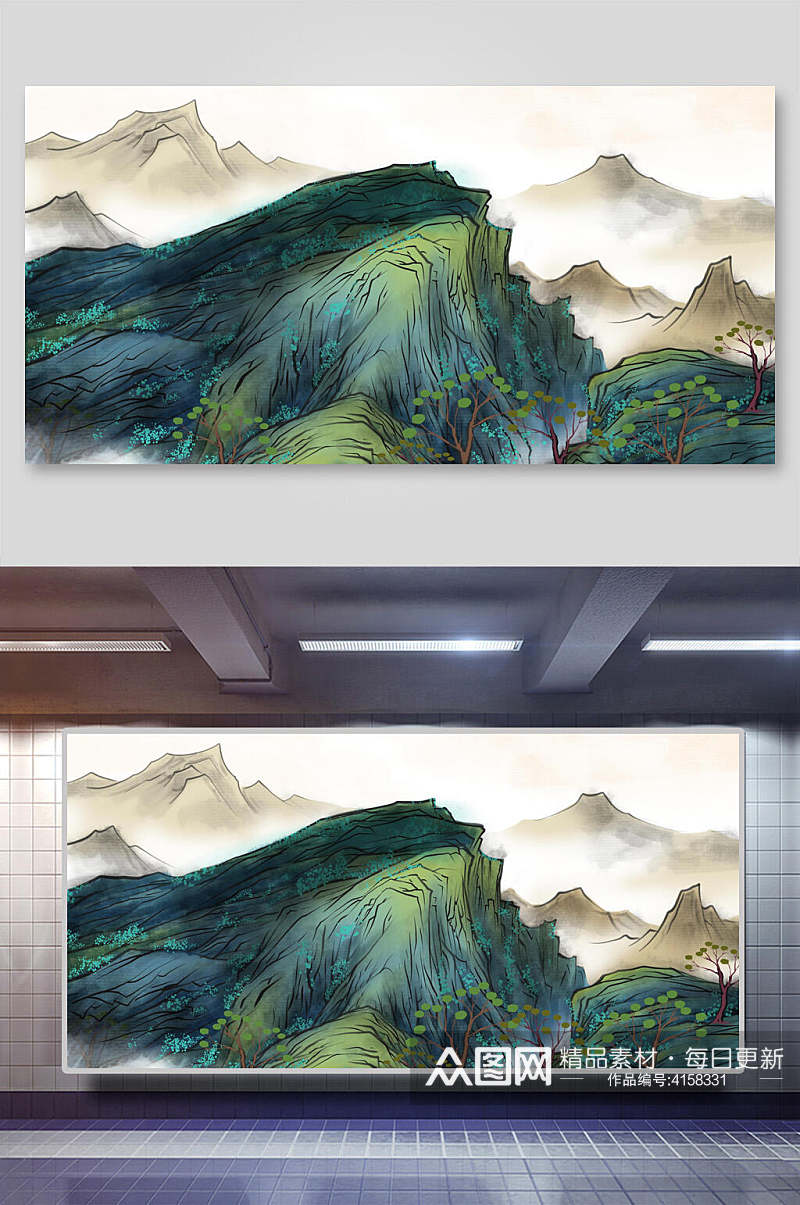 云雾树木绿中国山水水墨画背景素材