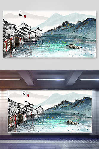 湖面船屋檐中国山水水墨画插画